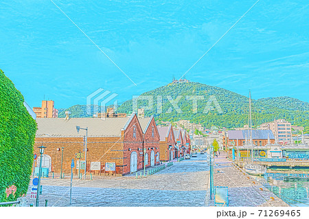 アニメ風] 北海道 函館 金森赤レンガ倉庫周辺の風景のイラスト素材