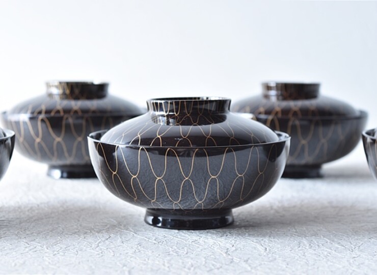 時代漆器 天然木製漆塗 黒塗金蒔絵 網手煮物椀 5客セット - 生活骨董