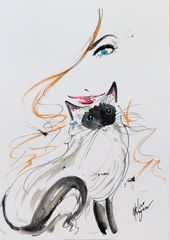 原画#379 女性画 猫 水彩画 ドローイング インテリア アート イラスト