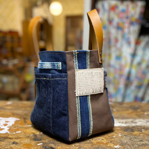 新作♪360度かわいい6面トートバッグ：デニムリメイク×本革持ち手