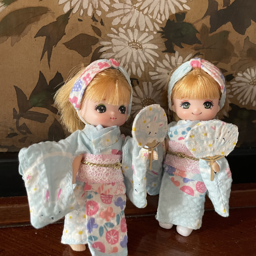 M2414ミキちゃんマキちゃん ハンドメイド服 浴衣 帯 うさぎと花柄