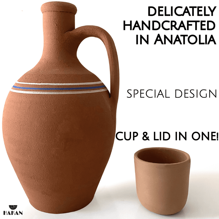 Village Decor Handmade Terracotta Water Pitcher with 6 Clay Mugs