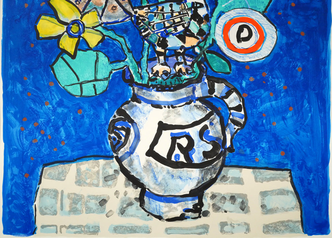 ポール・アイズピリ(Paul AIZPIRI)「青い背景の鳥と花束（極楽鳥