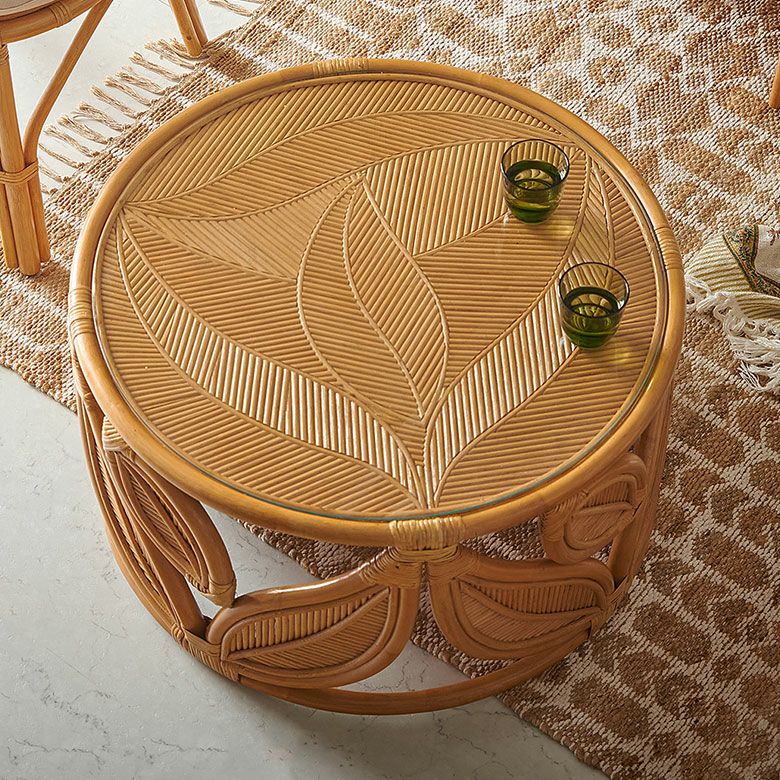 ラタン テーブル ガラス 天板 ローテーブル 丸型 センターテーブル 丸