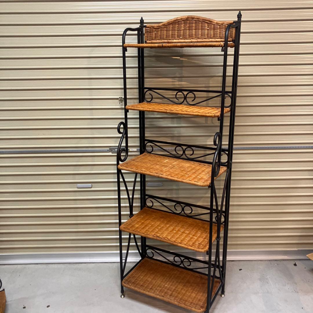 アンティーク調 アイアンフレーム 5段折りたたみラタンラック 飾り棚 花台レトロ アンティーク調 アイアンフレーム 5段折りたたみラタンラック 飾り棚