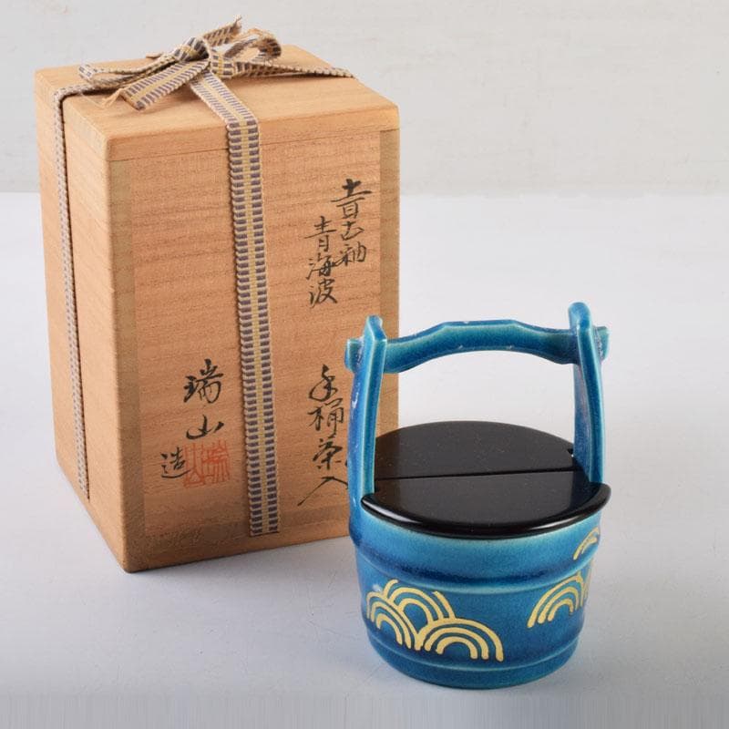 茶道具　加賀瑞山造　土耳古釉　青海波文　手桶茶入　共箱　V　8959 イ944 皆具『加賀瑞山造』『土耳古釉 青海波 皆具 共箱』 - メルカリ