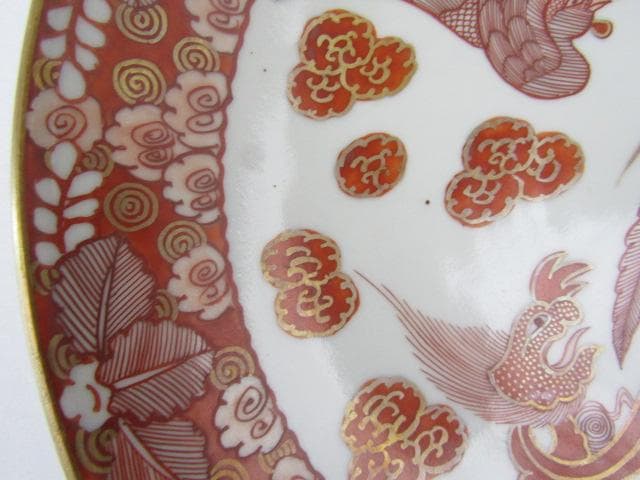 ◇明治期 九谷焼 朝日製 金彩赤絵 細密画 鳳凰文 中皿 5客 Y5-1029