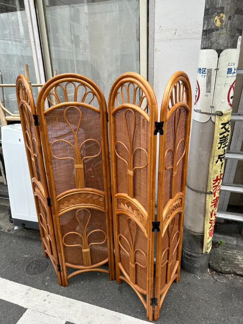 ◎ラタンパーテーション 4連 木製 アーチ型 昭和レトロ ウッドラタン 150 KAZAMA パーテーション おしゃれ パーティション 間仕切り ラタン 衝立